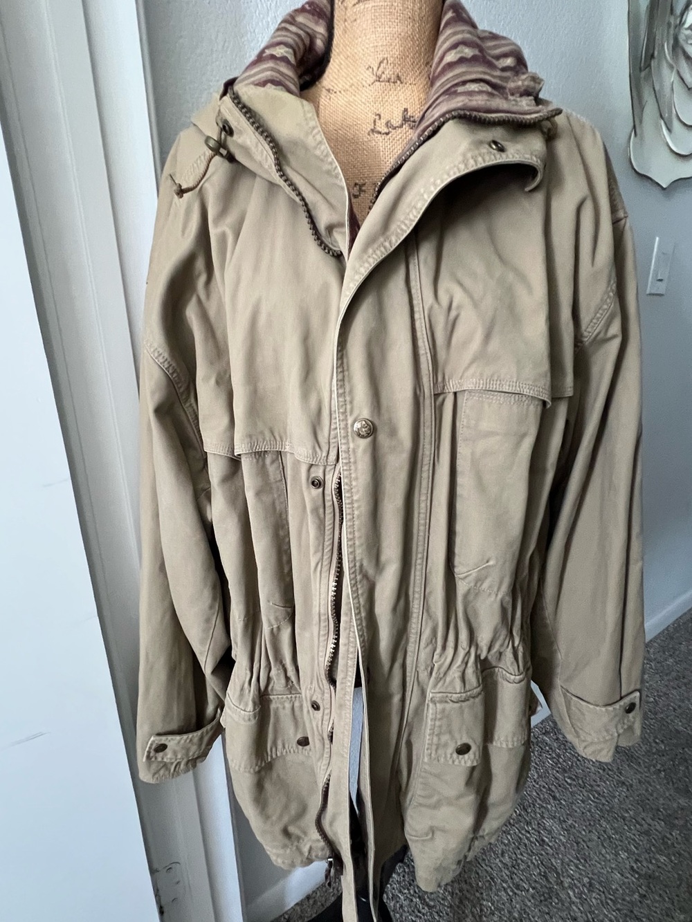 Woolrich Tan Hooded Zip Southwestern Aztec Lined Chore Utility Coat Jacket - Picture 3 of 11